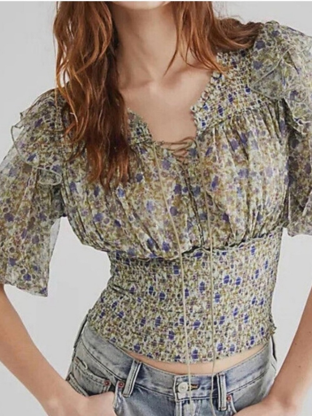 Free People Beatrice Smocked Ruffle Top In Mint Combo Size M